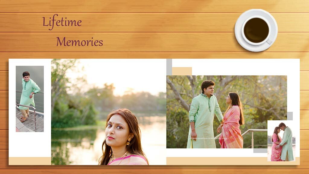 see the lifetime memories photo book of Indian pre wedding photo album, with a sip of coffee