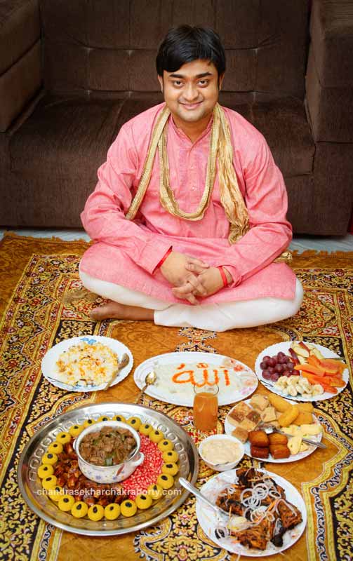 Before the ceremony of Iburo bhat or Thoubro, A Bengali Muslim Groom sitting in front of the different type of wedding food. 