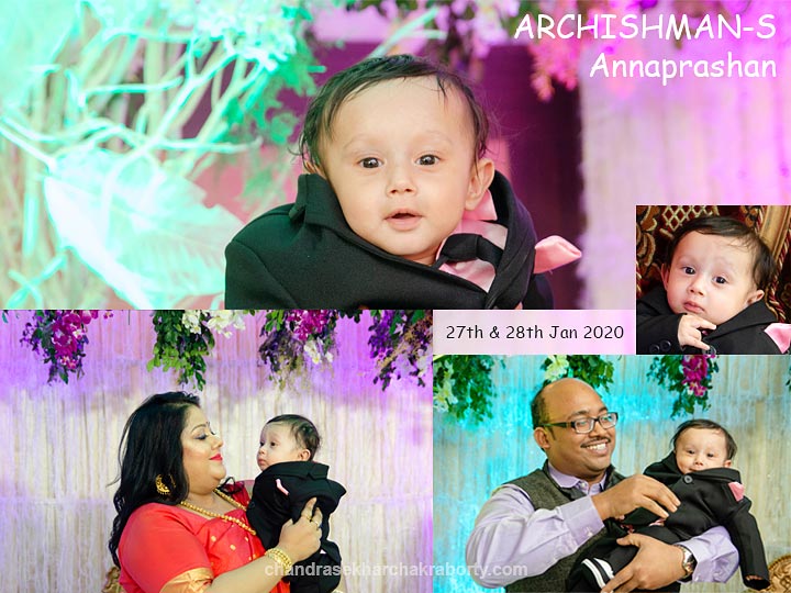 Collage Candid photos of babies annaprashan or first rice eating ceremony 