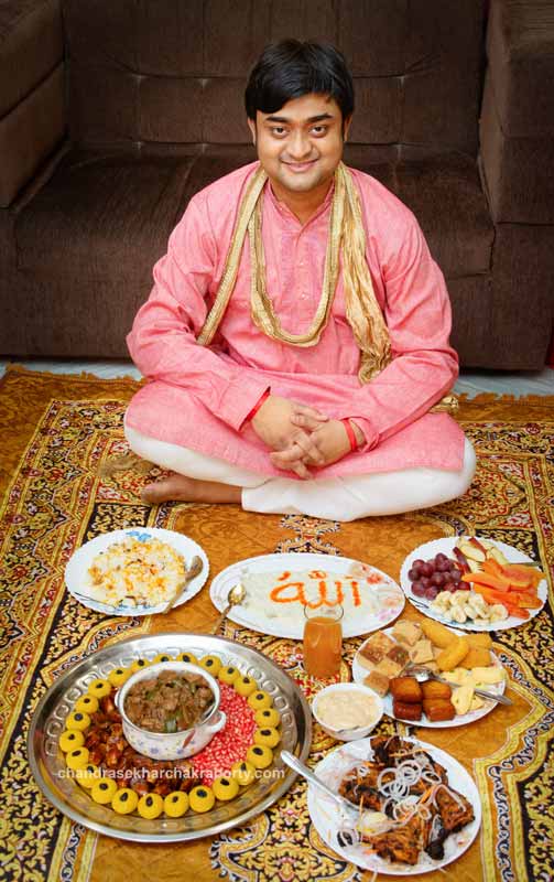 Before the ceremony of Iburo bhat or Thoubro, A Bengali Muslim Groom sitting in front of the different type of wedding food.